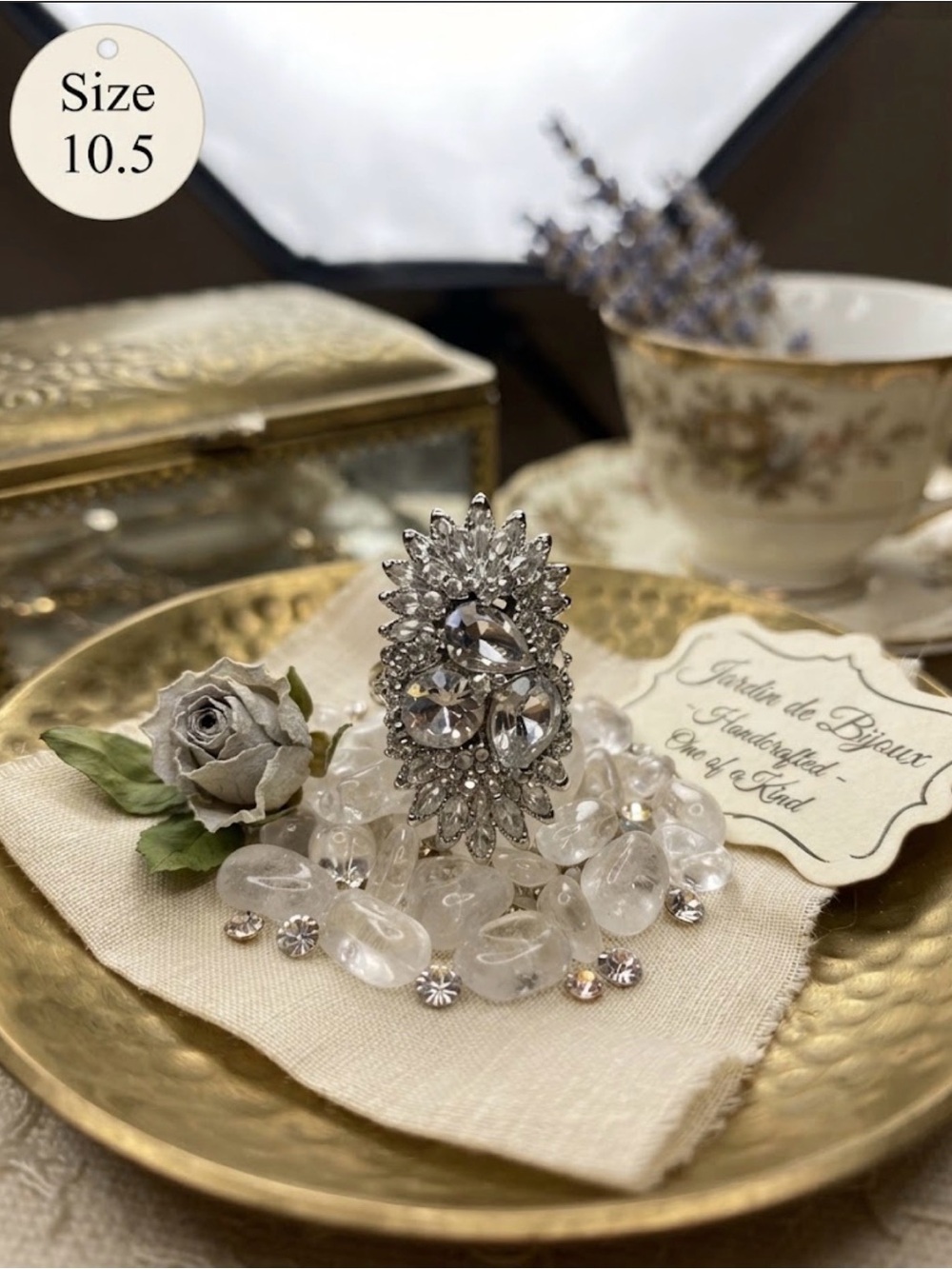 Silver Clear Crystal Cluster Statement Ring - Size 10.5